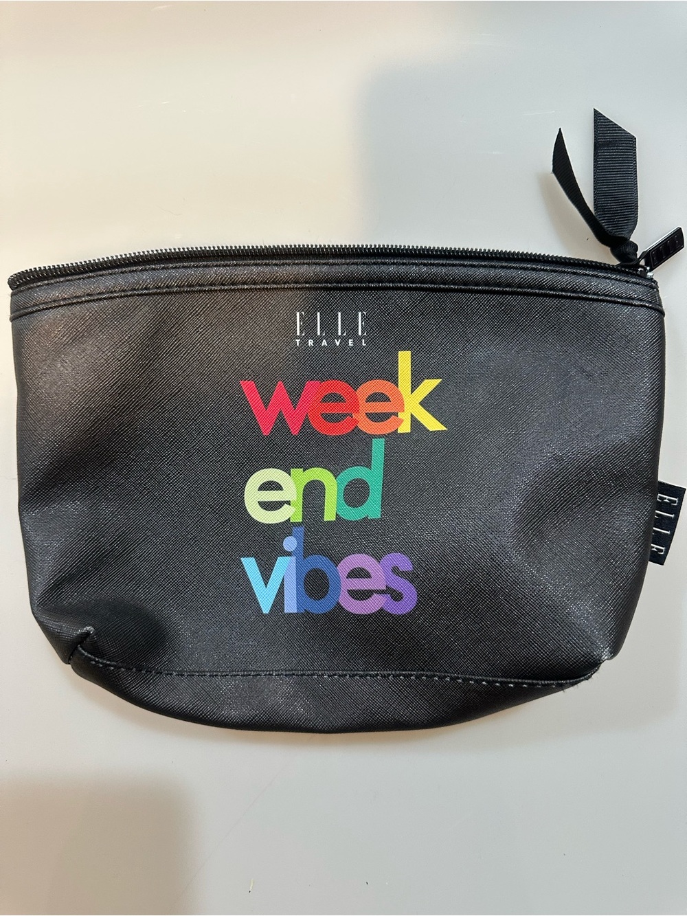 Elle Black Cosmetic Pouch with Rainbow "weekend vibes" Text